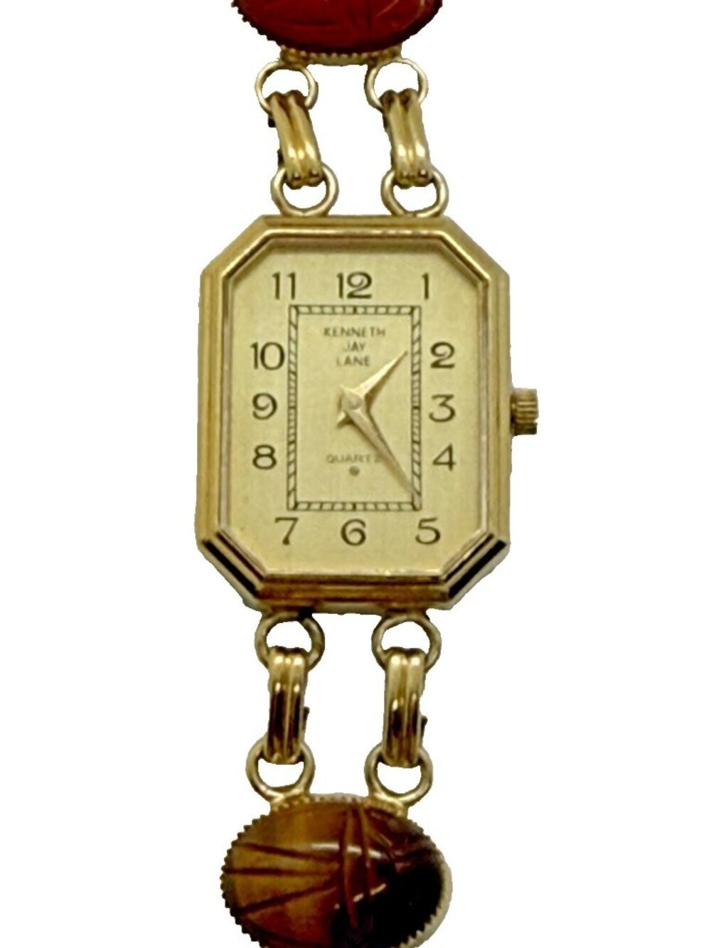 Kenneth Jay Lane Gold Tone Egyptian Scarab Gemstone Link Bracelet Quartz Watch